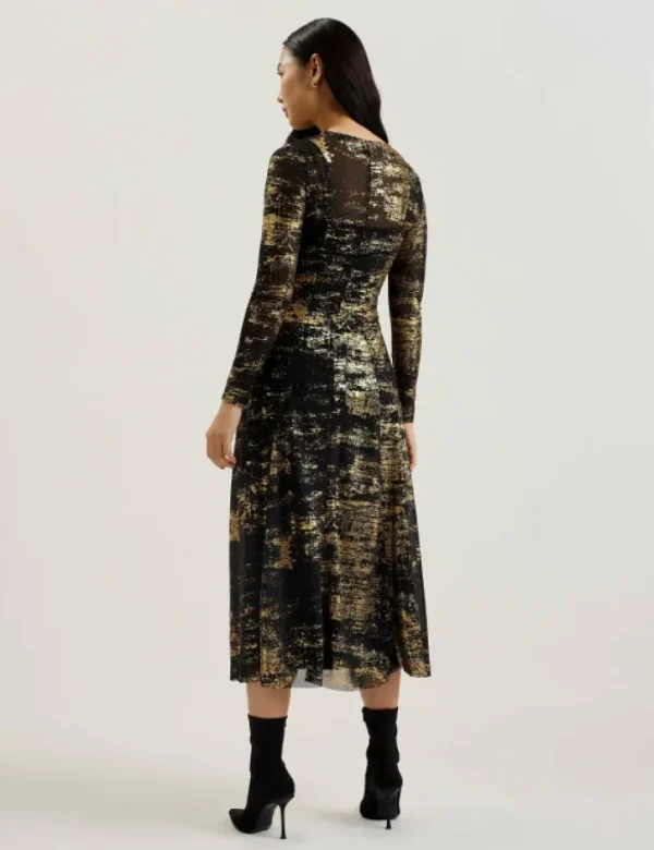 Junhaa Foil Print Long Sleeve Mesh Midi Dress<Ted Baker Sale