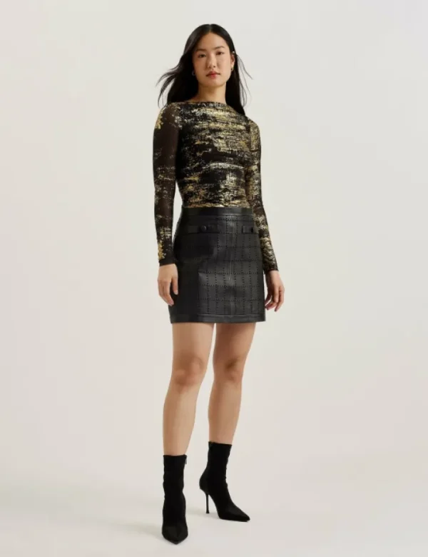 Karenha Foil Printed Slash Neck Mesh Top<Ted Baker Best