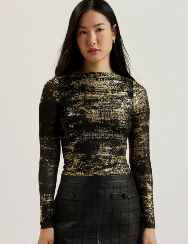 Karenha Foil Printed Slash Neck Mesh Top<Ted Baker Best