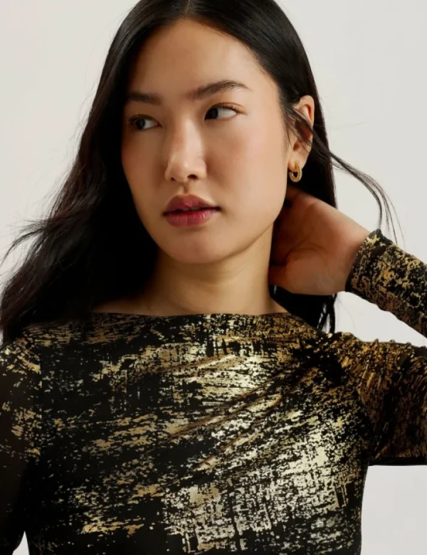 Karenha Foil Printed Slash Neck Mesh Top<Ted Baker Best