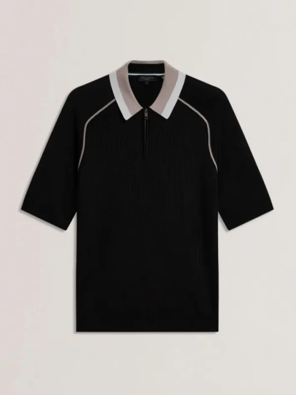Paxto Textured Zip Polo With Striped Collar<Ted Baker Outlet